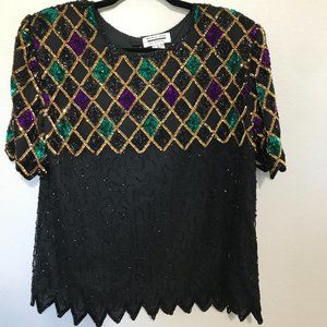 Chic Black Top with Gold, Purple, and Green Accents